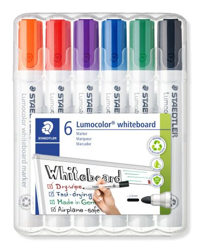 Комплект Маркери Staedtler Lumocolor 351 за бяла дъска, обли, 6 цвята