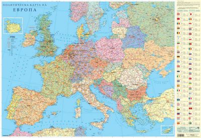 Стенна карта 70х100cm, 2лайсни, 150g, UV-лак, Европа/пол