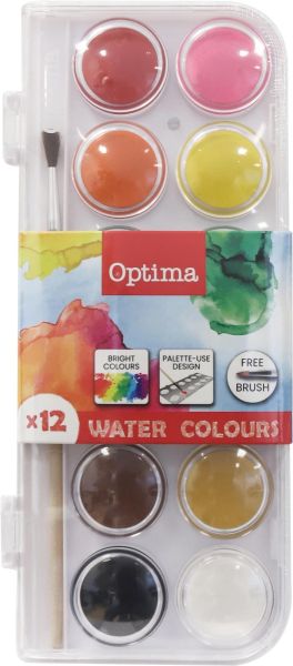 Акварелни боички Optima, 12 цвята, Ф28mm, с четка