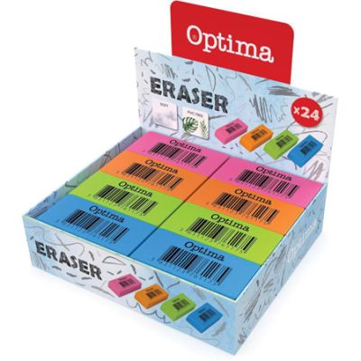 Гума Optima Neo, неонови цветове, дисплей 24 броя