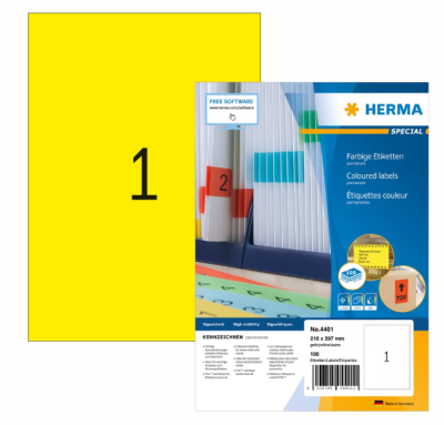 Етикети Herma Superprint 297х210mm,100 листа,100 броя,жълт