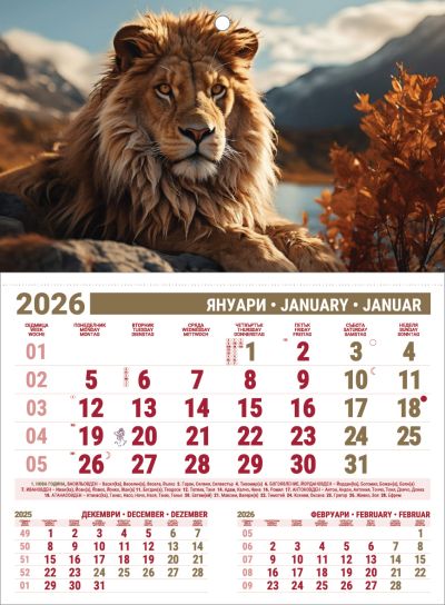 Стенен работен календар РКМД, 1-секц., бордо/бронз