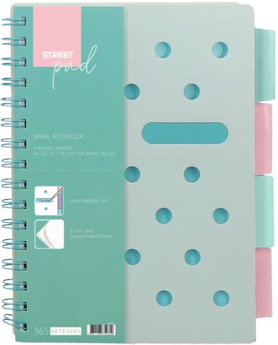 Тетрадка SP Dots, А5, спирала, PP,100л, широки редове , разделител, зелена