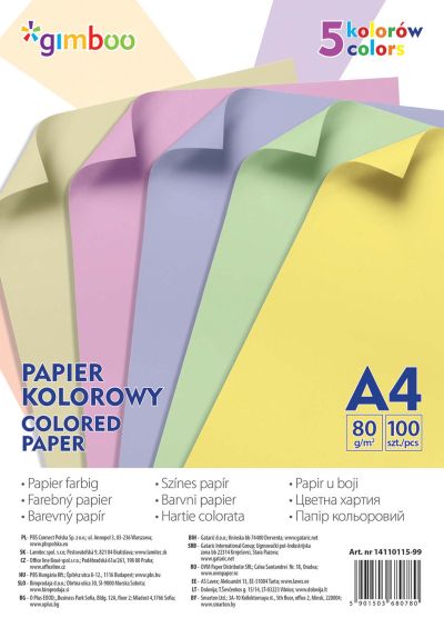 Цветна хартия Gimboo, 5 цвята пастел, А4, 100 листа