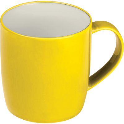 Керамична чаша, бяла отвътре и цветна отвън, жълт
