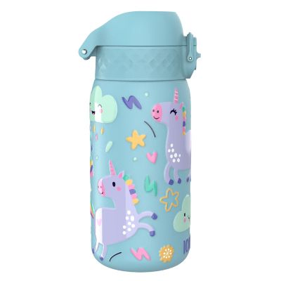 Бутилка за вода Ion8 Print, метална, 400ml, ЕДНОРОЗИ СИН