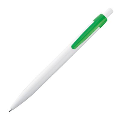 Бяла пластмасова химикалка с цветен клип, зелен