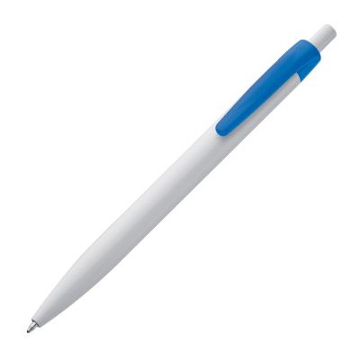 Бяла пластмасова химикалка с цветен клип, син