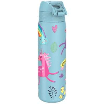 Бутилка за вода Ion8 Print, метална, 600ml, ЕДНОРОЗИ СИН