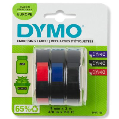 Етикети Dymo 3D, 9mmх3m, 3 в опаковка, асорти - черен, син, червен