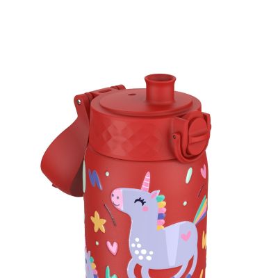 Бутилка за вода Ion8 Print, метална, 400ml, ЕДНОРОЗИ ЧЕРВЕН