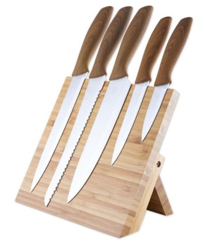 Комплект ножове върху магнитна бамбукова поставка, 5 бр